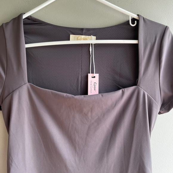 Qinsen Fit & Comfort Gray Square Neck Short Sleeve Mini Dress Medium Skims Like - Picture 2 of 9